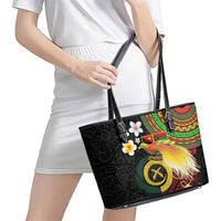 Vanuatu and Papua New Guinea Together Leather Tote Bag Bird-of-paradise and Pig Tusk Melanesian Pattern