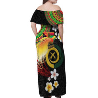 Vanuatu and Papua New Guinea Together Off Shoulder Maxi Dress Bird-of-paradise and Pig Tusk Melanesian Pattern