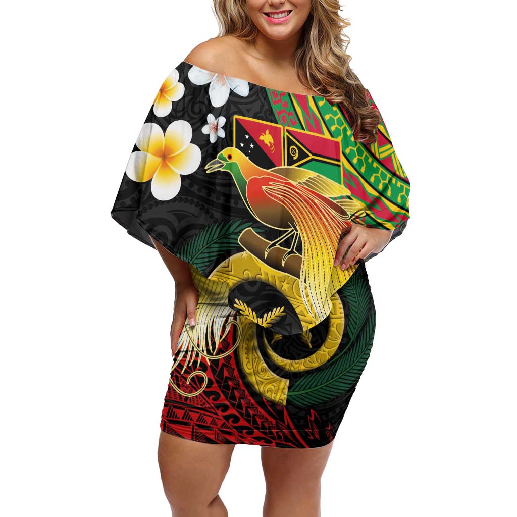 Vanuatu and Papua New Guinea Together Off Shoulder Short Dress Bird-of-paradise and Pig Tusk Melanesian Pattern
