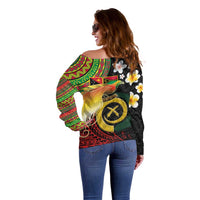 Vanuatu and Papua New Guinea Together Off Shoulder Sweater Bird-of-paradise and Pig Tusk Melanesian Pattern