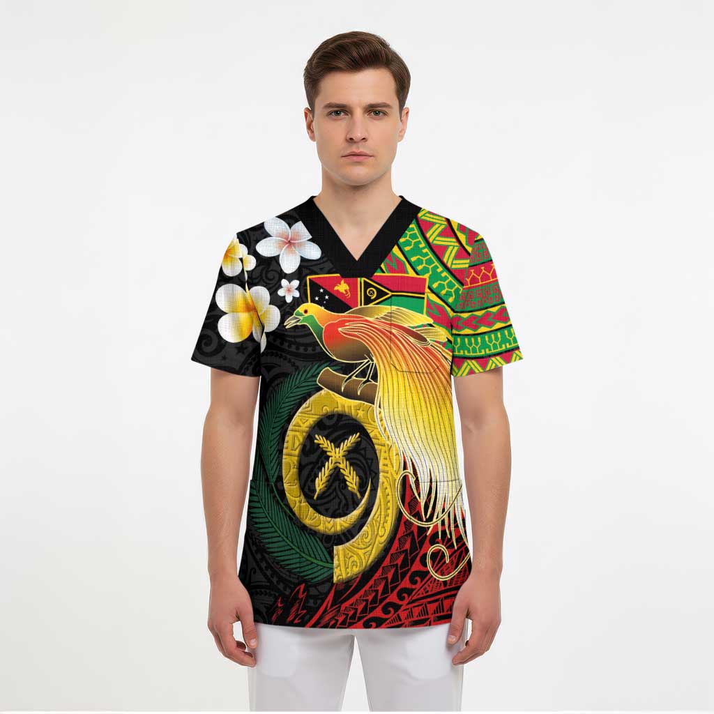 Vanuatu and Papua New Guinea Together Scrub Top Bird-of-paradise and Pig Tusk Melanesian Pattern - Polynesian Pride