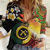 Vanuatu and Papua New Guinea Together Women Casual Shirt Bird-of-paradise and Pig Tusk Melanesian Pattern