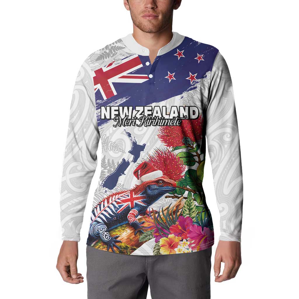 New Zealand Christmas Button Sweatshirt Meri Kirihimete-Tuatara and Pohutukawa White Color