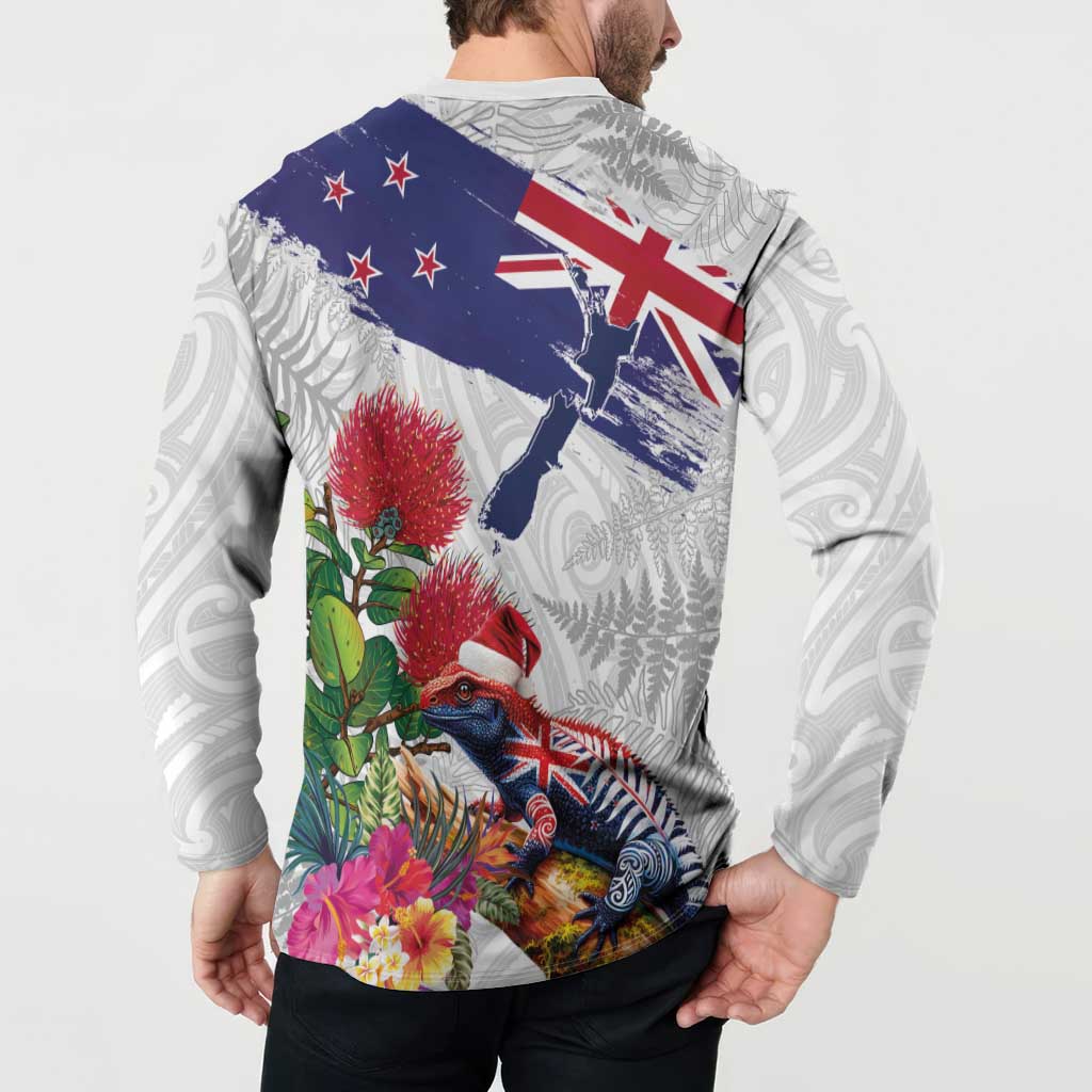 New Zealand Christmas Button Sweatshirt Meri Kirihimete-Tuatara and Pohutukawa White Color