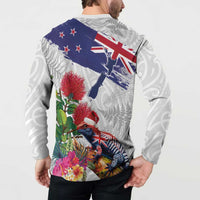 New Zealand Christmas Button Sweatshirt Meri Kirihimete-Tuatara and Pohutukawa White Color
