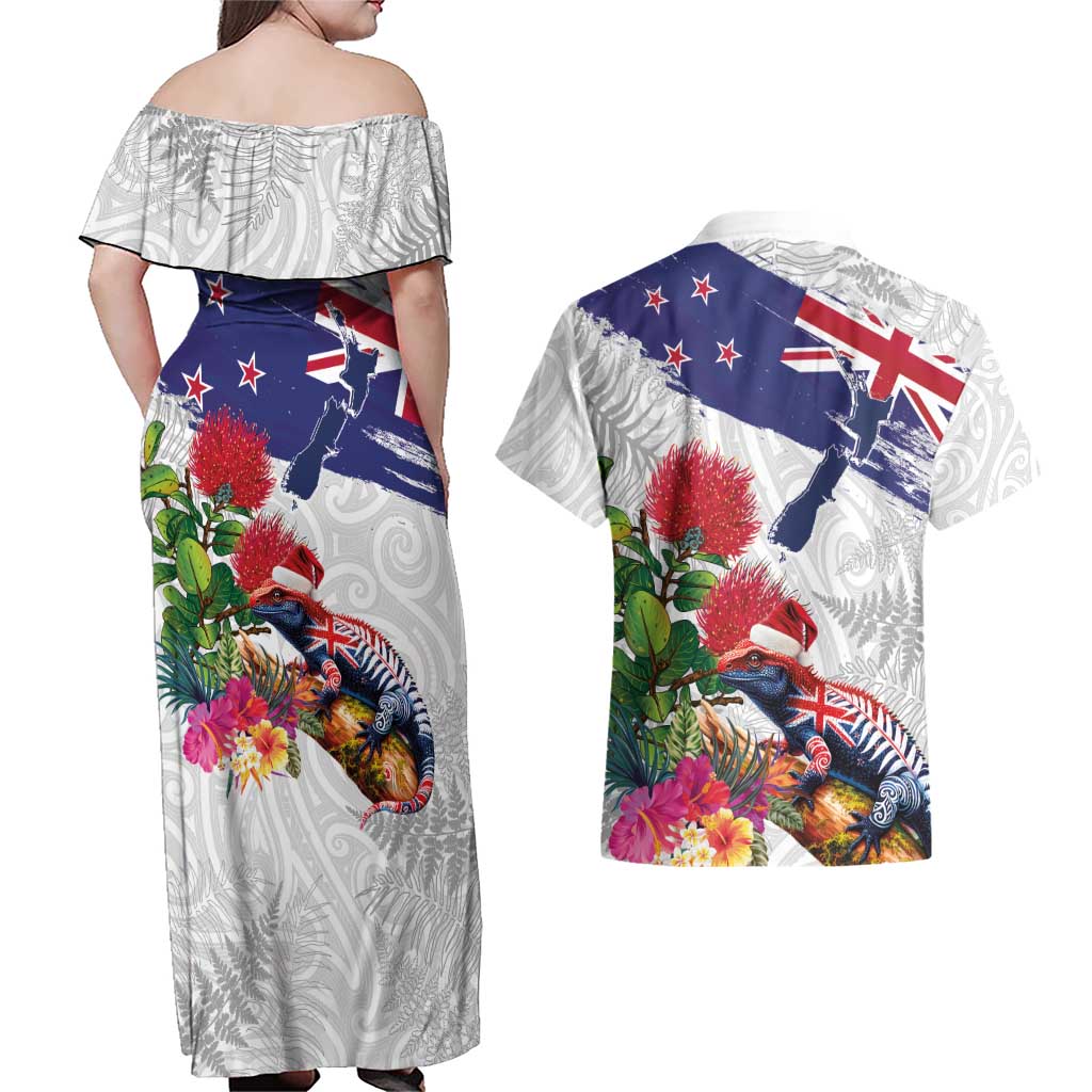 New Zealand Christmas Couples Matching Off Shoulder Maxi Dress and Hawaiian Shirt Meri Kirihimete-Tuatara and Pohutukawa White Color