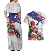 New Zealand Christmas Couples Matching Off Shoulder Maxi Dress and Hawaiian Shirt Meri Kirihimete-Tuatara and Pohutukawa White Color