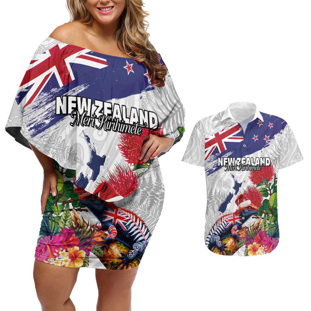 New Zealand Christmas Couples Matching Off Shoulder Short Dress and Hawaiian Shirt Meri Kirihimete-Tuatara and Pohutukawa White Color