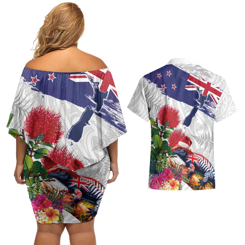 New Zealand Christmas Couples Matching Off Shoulder Short Dress and Hawaiian Shirt Meri Kirihimete-Tuatara and Pohutukawa White Color