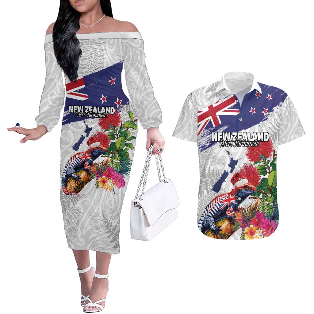 New Zealand Christmas Couples Matching Off The Shoulder Long Sleeve Dress and Hawaiian Shirt Meri Kirihimete-Tuatara and Pohutukawa White Color