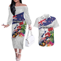 New Zealand Christmas Couples Matching Off The Shoulder Long Sleeve Dress and Hawaiian Shirt Meri Kirihimete-Tuatara and Pohutukawa White Color
