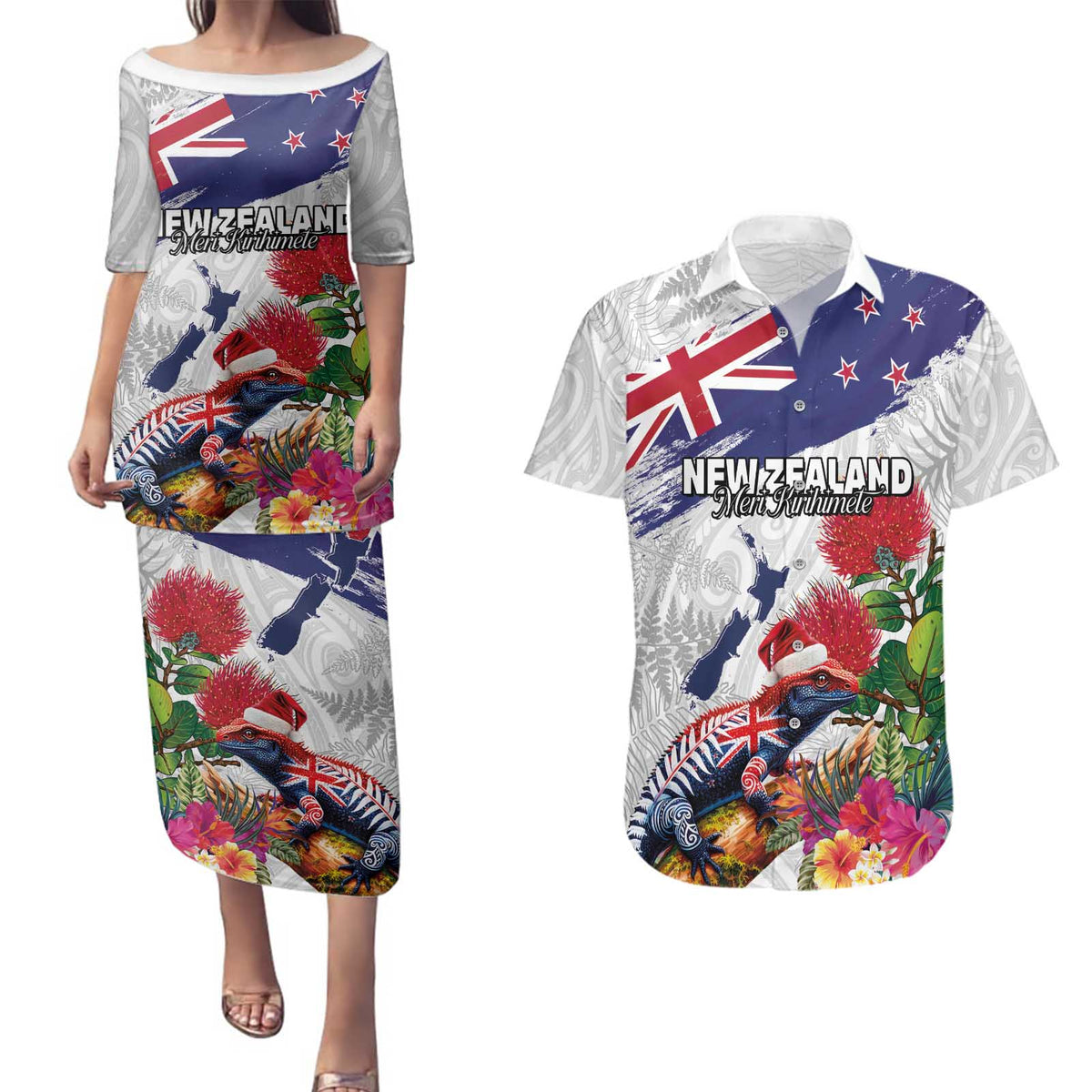 New Zealand Christmas Couples Matching Puletasi and Hawaiian Shirt Meri Kirihimete-Tuatara and Pohutukawa White Color