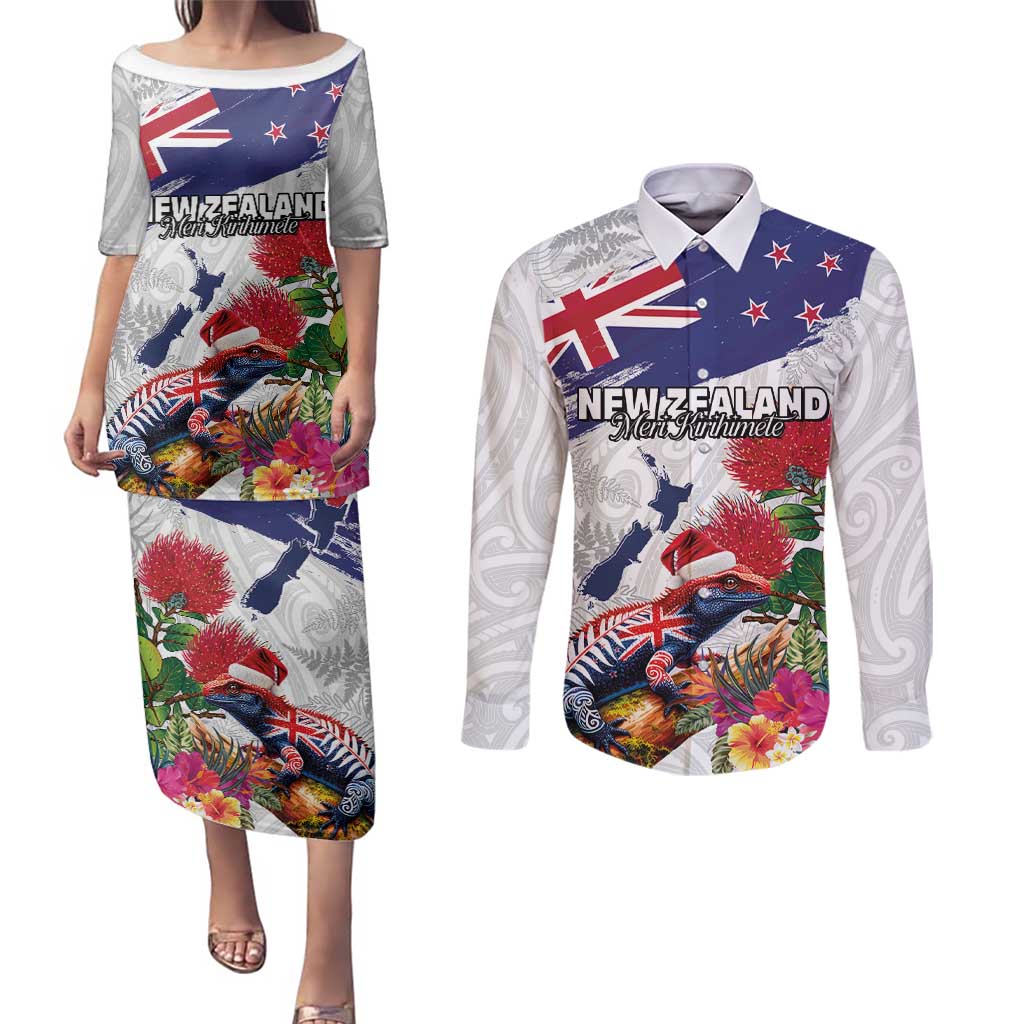 New Zealand Christmas Couples Matching Puletasi and Long Sleeve Button Shirt Meri Kirihimete-Tuatara and Pohutukawa White Color