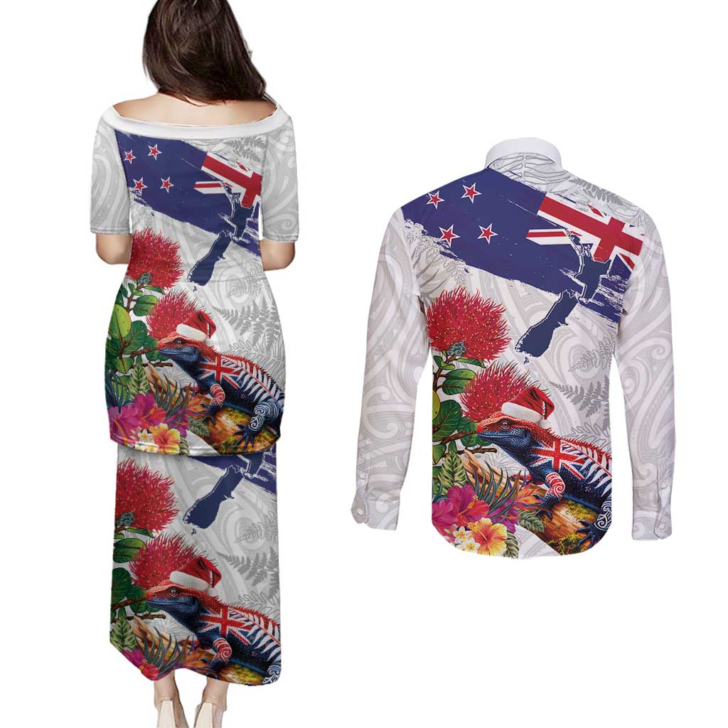 New Zealand Christmas Couples Matching Puletasi and Long Sleeve Button Shirt Meri Kirihimete-Tuatara and Pohutukawa White Color