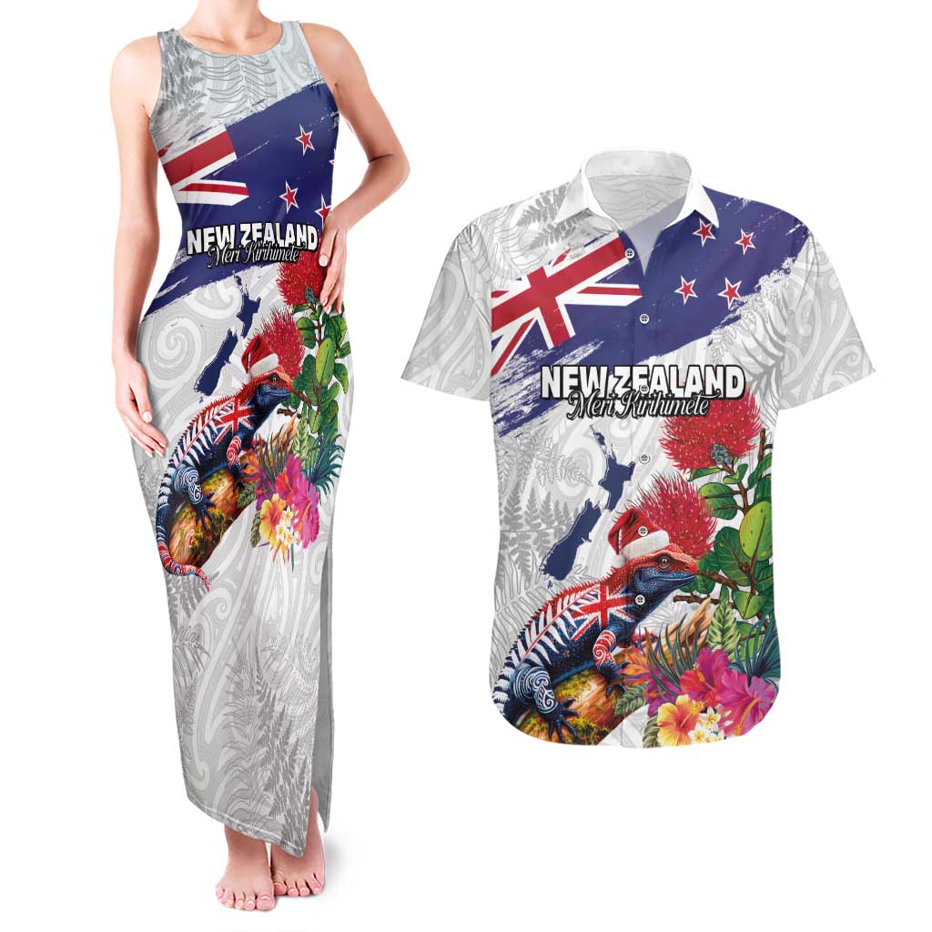 New Zealand Christmas Couples Matching Tank Maxi Dress and Hawaiian Shirt Meri Kirihimete-Tuatara and Pohutukawa White Color