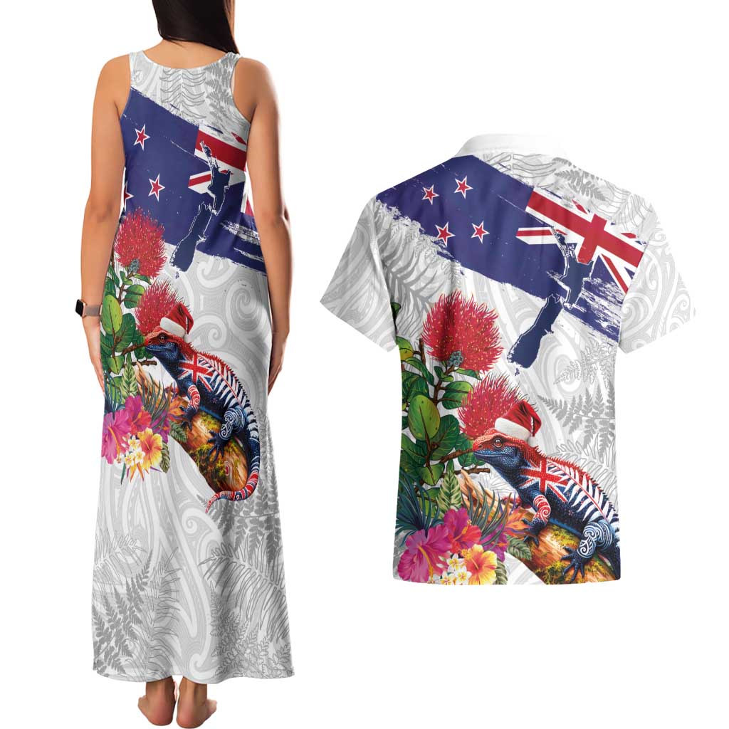 New Zealand Christmas Couples Matching Tank Maxi Dress and Hawaiian Shirt Meri Kirihimete-Tuatara and Pohutukawa White Color