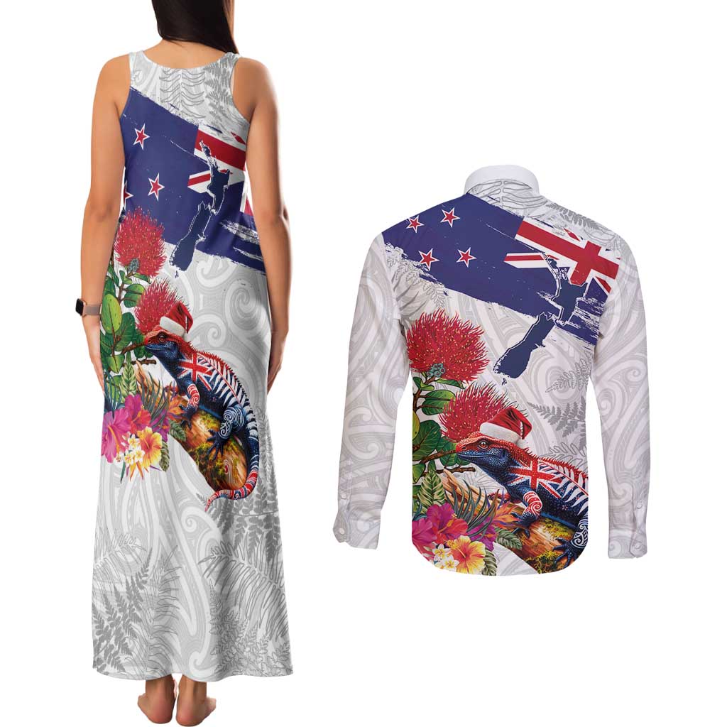 New Zealand Christmas Couples Matching Tank Maxi Dress and Long Sleeve Button Shirt Meri Kirihimete-Tuatara and Pohutukawa White Color