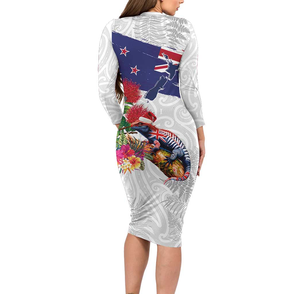 New Zealand Christmas Family Matching Long Sleeve Bodycon Dress and Hawaiian Shirt Meri Kirihimete-Tuatara and Pohutukawa White Color