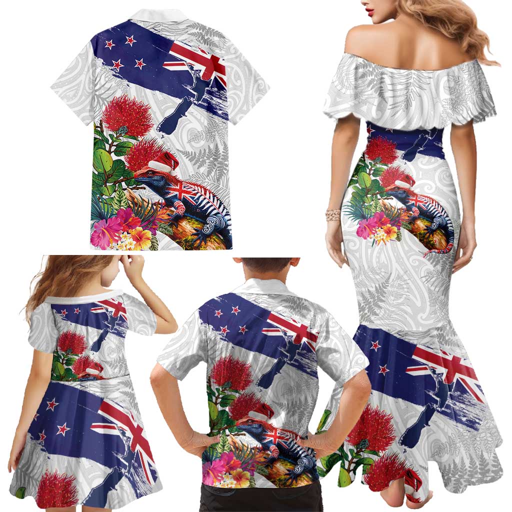 New Zealand Christmas Family Matching Mermaid Dress and Hawaiian Shirt Meri Kirihimete-Tuatara and Pohutukawa White Color