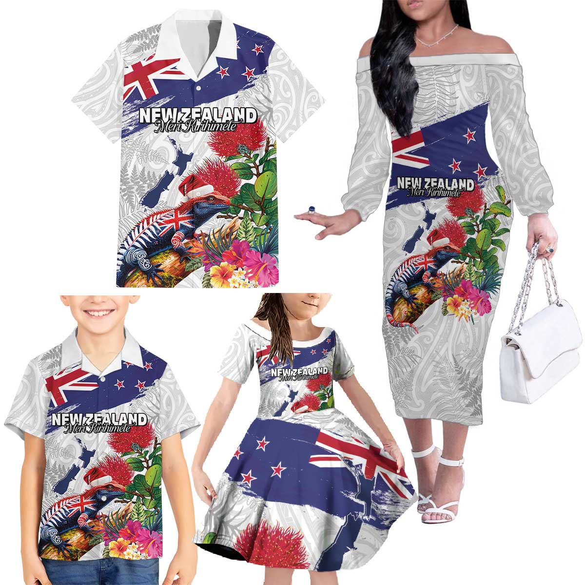 New Zealand Christmas Family Matching Off The Shoulder Long Sleeve Dress and Hawaiian Shirt Meri Kirihimete-Tuatara and Pohutukawa White Color
