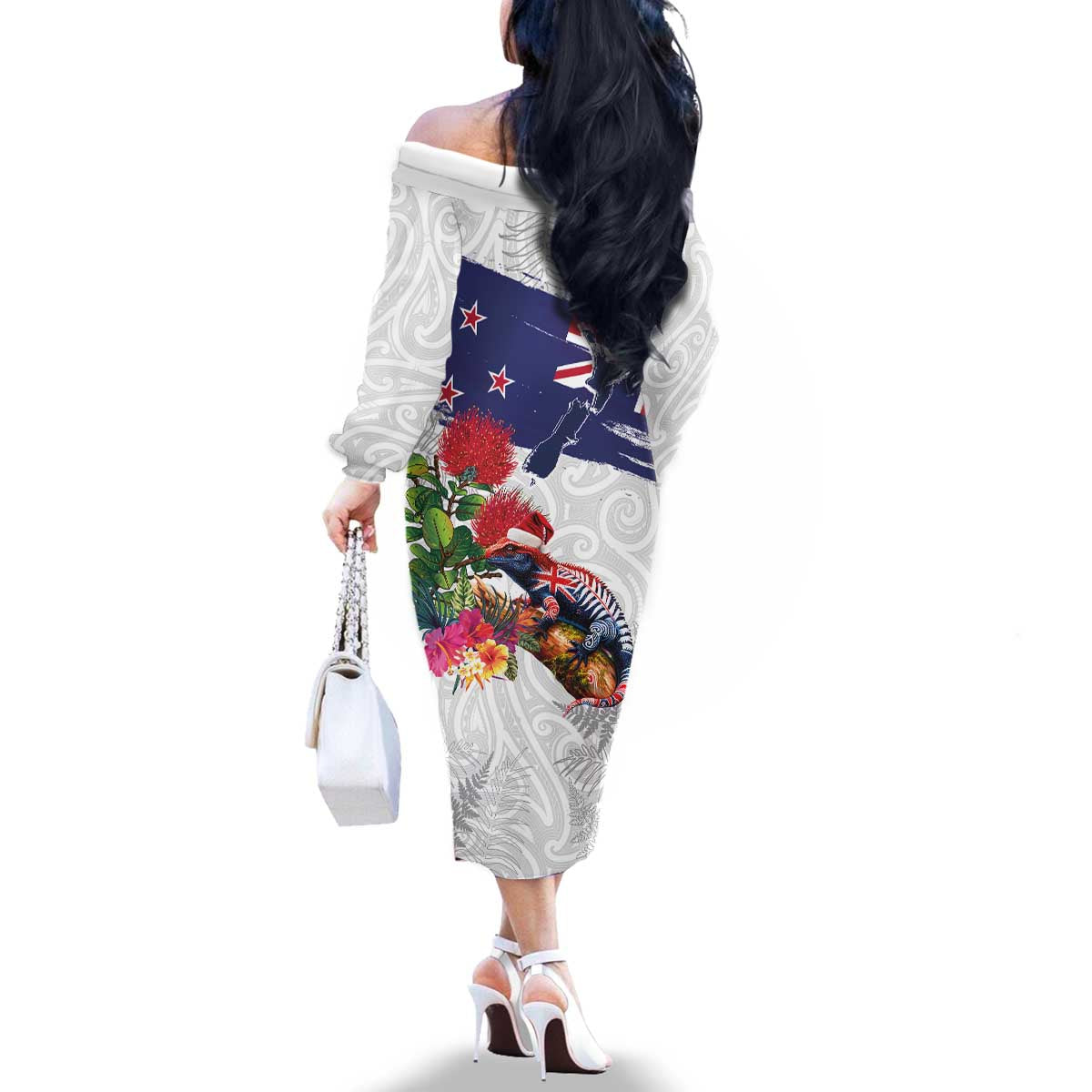 New Zealand Christmas Family Matching Off The Shoulder Long Sleeve Dress and Hawaiian Shirt Meri Kirihimete-Tuatara and Pohutukawa White Color