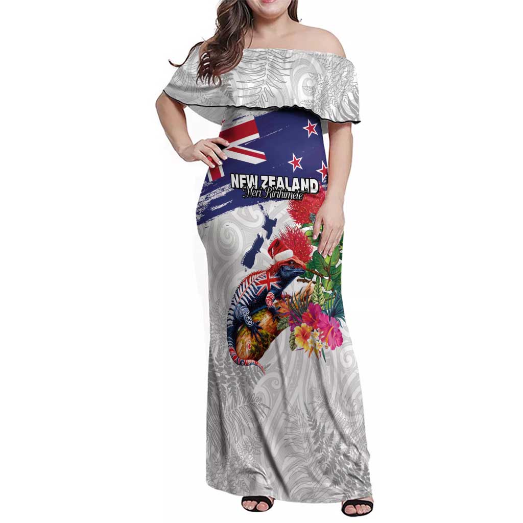 New Zealand Christmas Family Matching Off Shoulder Maxi Dress and Hawaiian Shirt Meri Kirihimete-Tuatara and Pohutukawa White Color