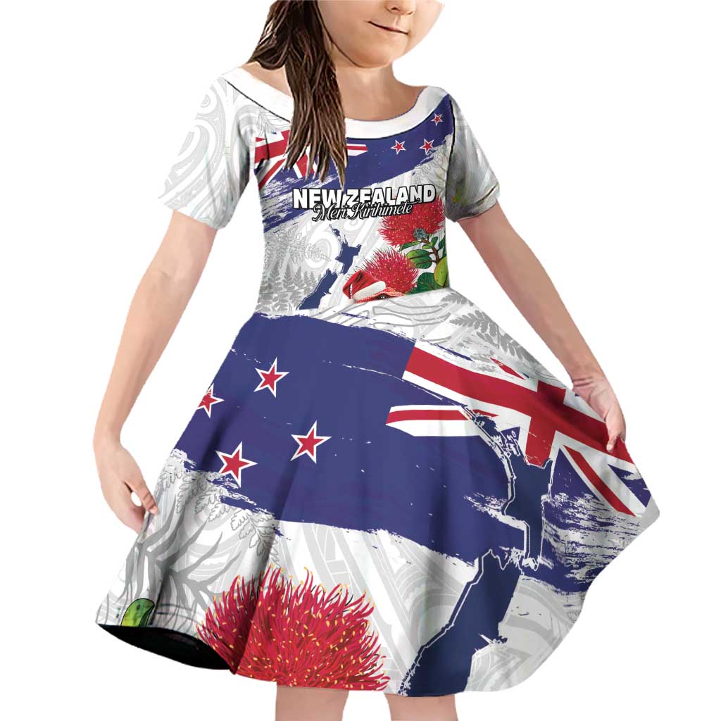 New Zealand Christmas Family Matching Off Shoulder Short Dress and Hawaiian Shirt Meri Kirihimete-Tuatara and Pohutukawa White Color