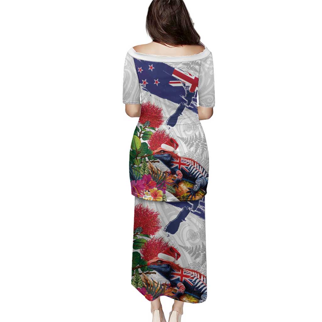 New Zealand Christmas Family Matching Puletasi and Hawaiian Shirt Meri Kirihimete-Tuatara and Pohutukawa White Color