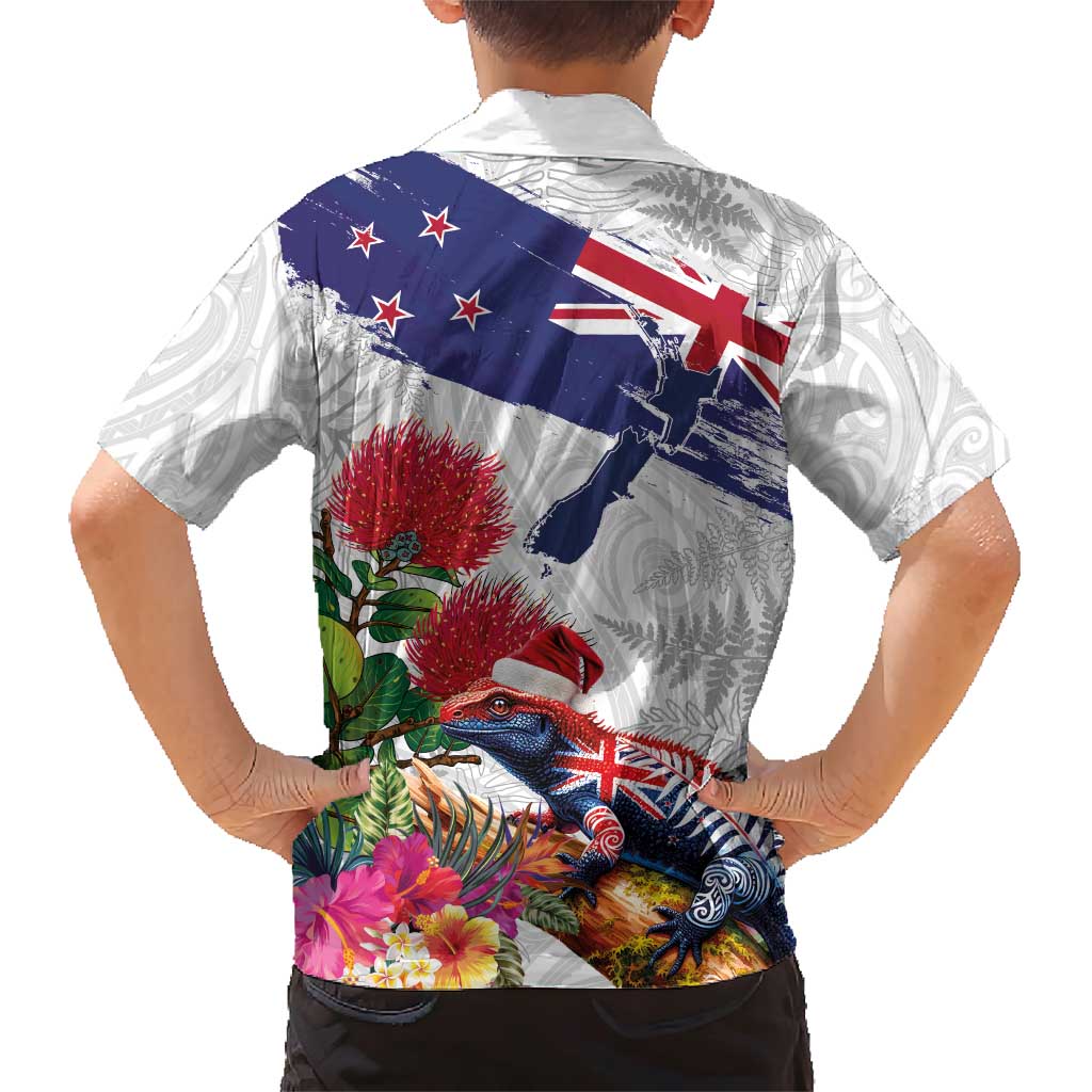 New Zealand Christmas Family Matching Short Sleeve Bodycon Dress and Hawaiian Shirt Meri Kirihimete-Tuatara and Pohutukawa White Color