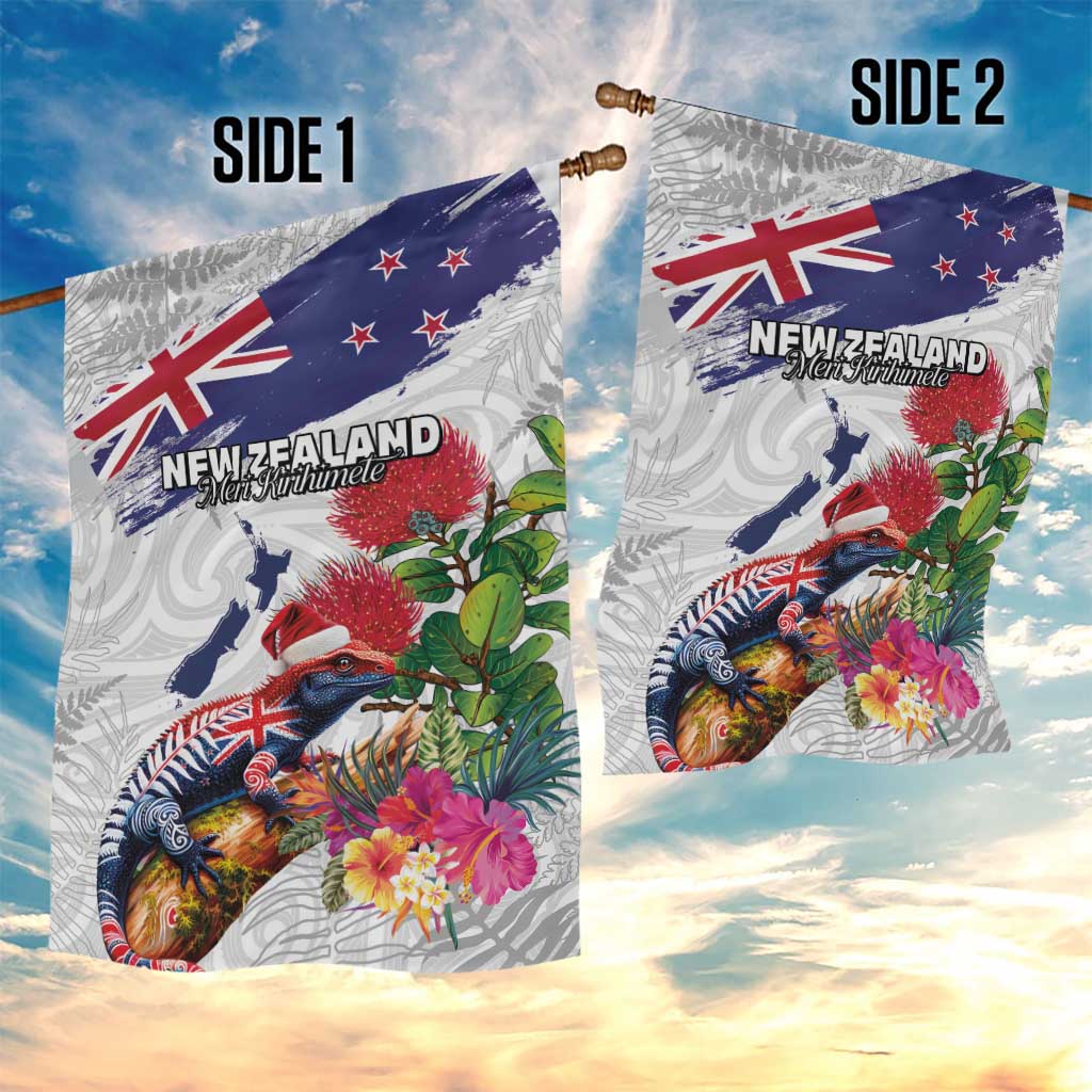 New Zealand Christmas Garden Flag Meri Kirihimete-Tuatara and Pohutukawa White Color