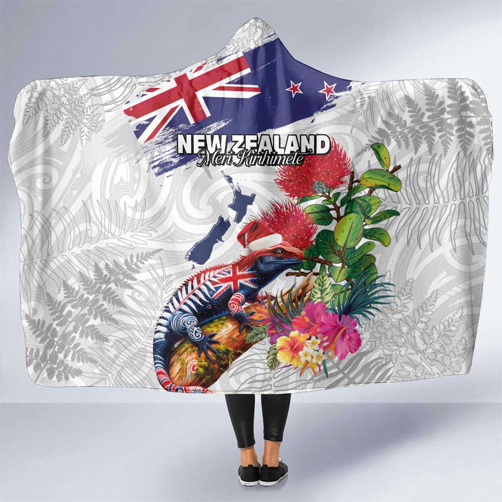 New Zealand Christmas Hooded Blanket Meri Kirihimete-Tuatara and Pohutukawa White Color