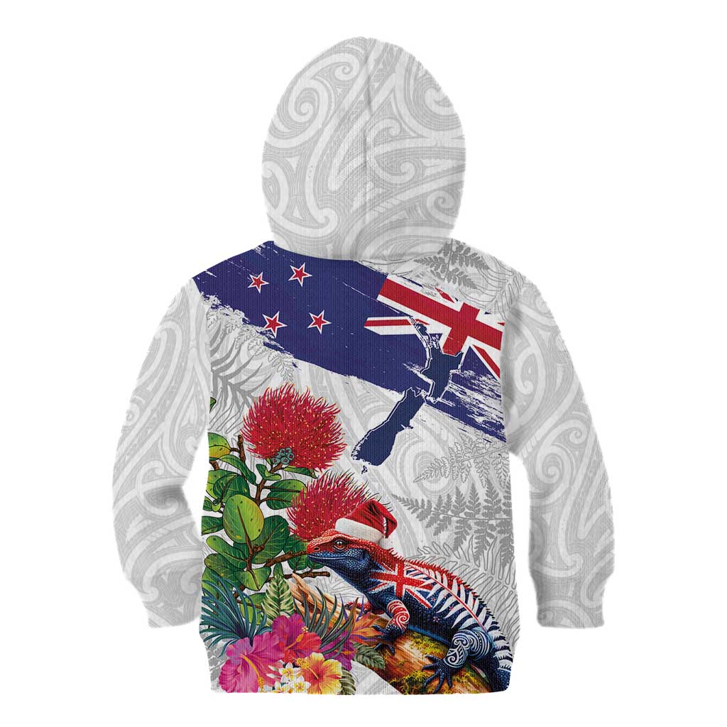 New Zealand Christmas Kid Hoodie Meri Kirihimete-Tuatara and Pohutukawa White Color