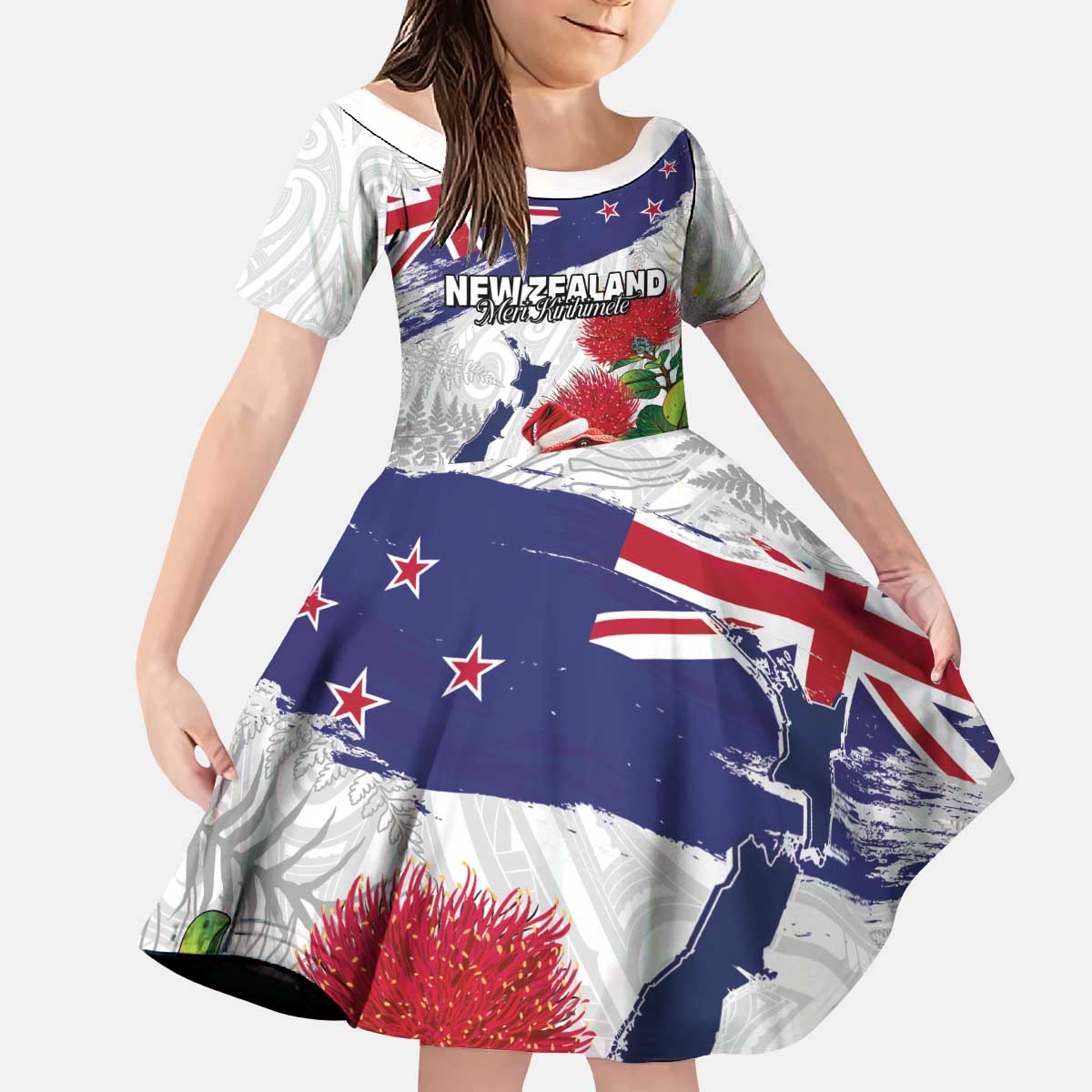 New Zealand Christmas Kid Short Sleeve Dress Meri Kirihimete-Tuatara and Pohutukawa White Color