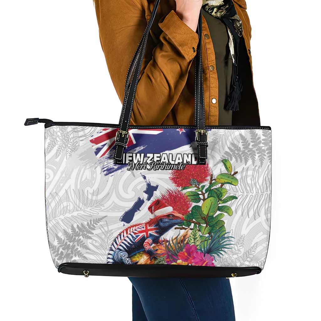 New Zealand Christmas Leather Tote Bag Meri Kirihimete-Tuatara and Pohutukawa White Color