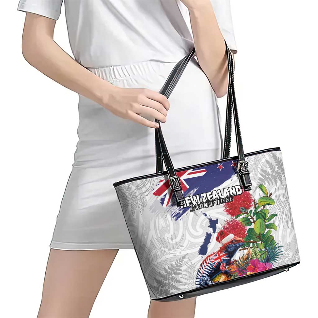New Zealand Christmas Leather Tote Bag Meri Kirihimete-Tuatara and Pohutukawa White Color
