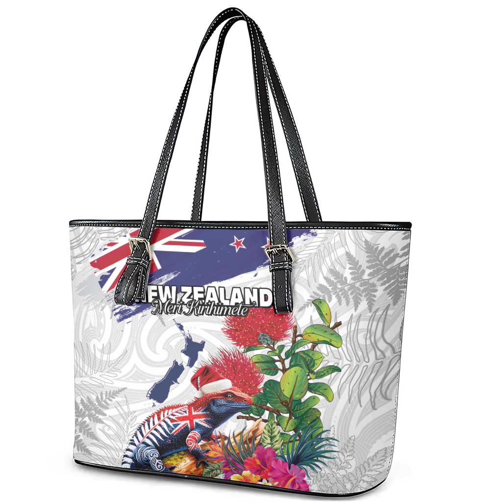 New Zealand Christmas Leather Tote Bag Meri Kirihimete-Tuatara and Pohutukawa White Color