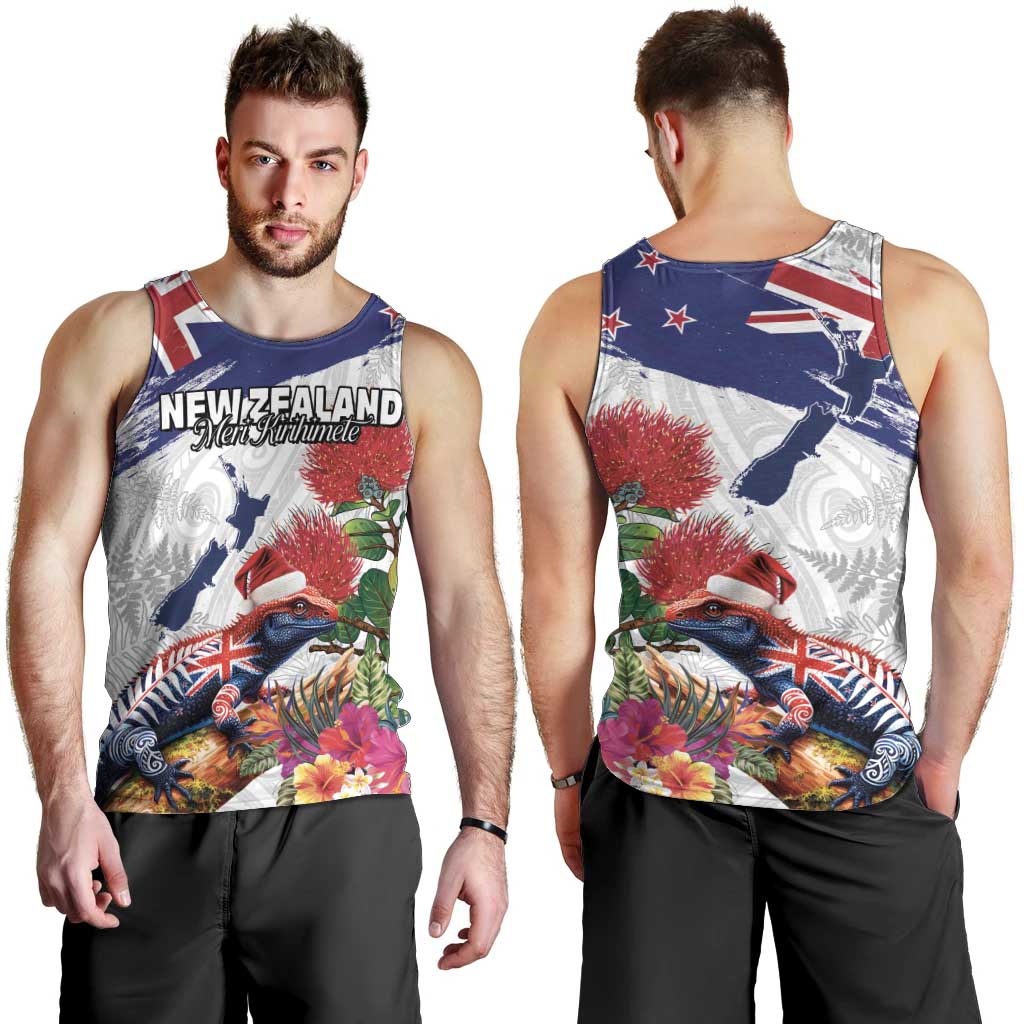 New Zealand Christmas Men Tank Top Meri Kirihimete-Tuatara and Pohutukawa White Color