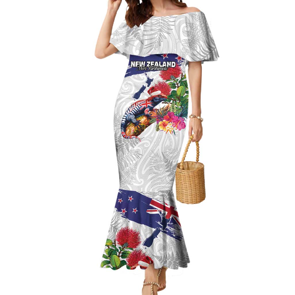 New Zealand Christmas Mermaid Dress Meri Kirihimete-Tuatara and Pohutukawa White Color