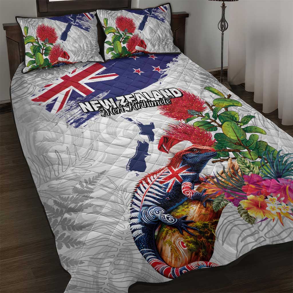 New Zealand Christmas Quilt Bed Set Meri Kirihimete-Tuatara and Pohutukawa White Color