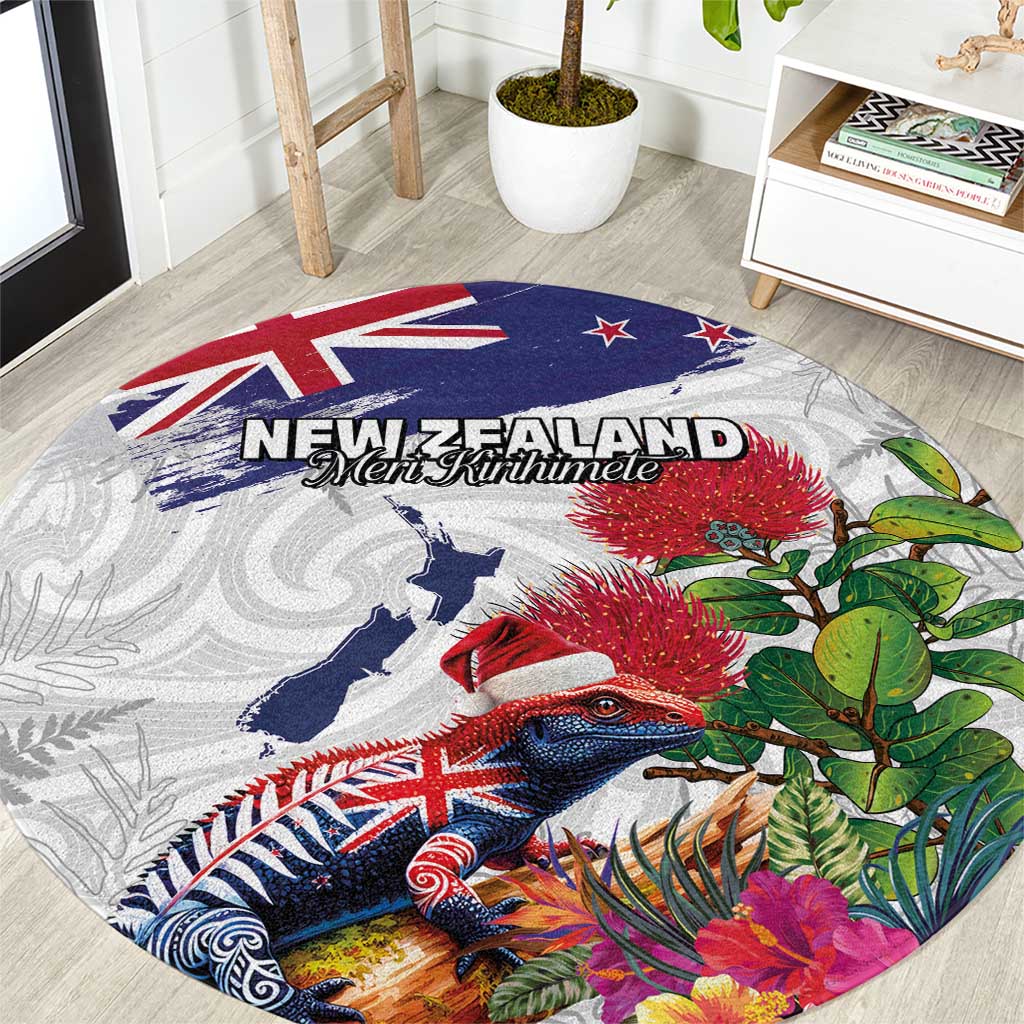 New Zealand Christmas Round Carpet Meri Kirihimete-Tuatara and Pohutukawa White Color