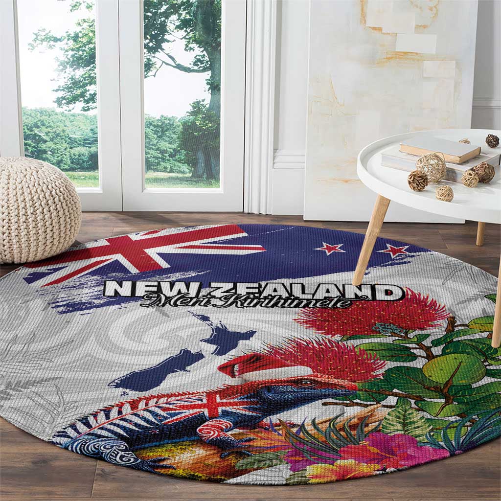 New Zealand Christmas Round Carpet Meri Kirihimete-Tuatara and Pohutukawa White Color