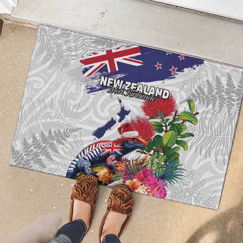 New Zealand Christmas Rubber Doormat Meri Kirihimete-Tuatara and Pohutukawa White Color