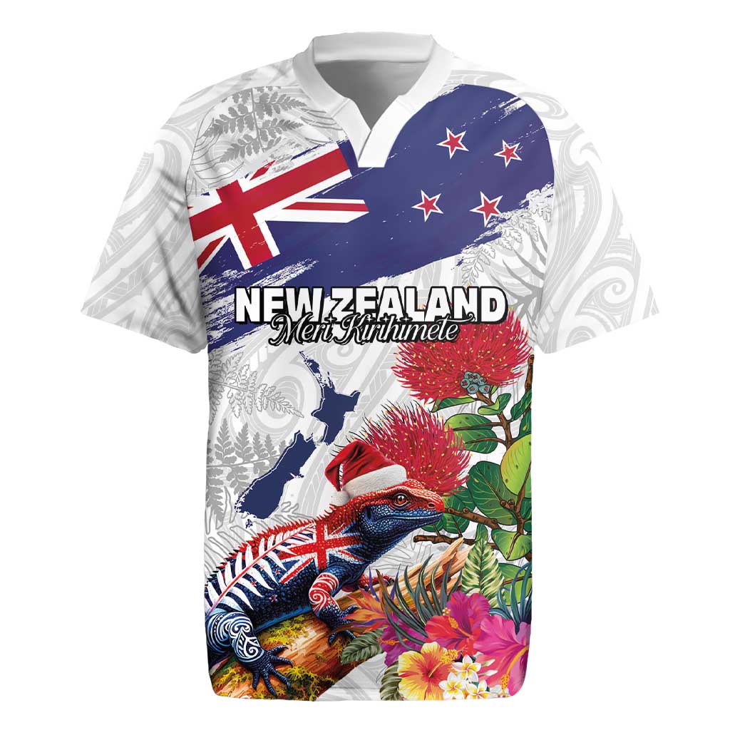 New Zealand Christmas Rugby Jersey Meri Kirihimete-Tuatara and Pohutukawa White Color