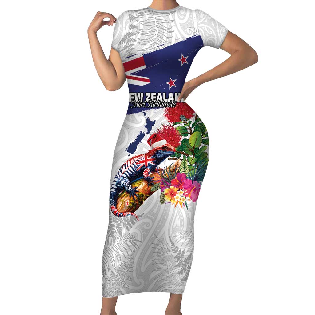 New Zealand Christmas Short Sleeve Bodycon Dress Meri Kirihimete-Tuatara and Pohutukawa White Color