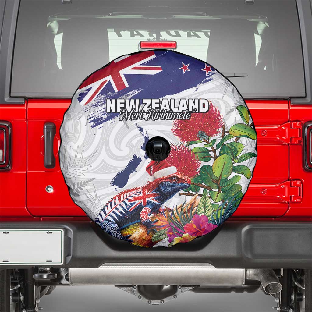 New Zealand Christmas Spare Tire Cover Meri Kirihimete-Tuatara and Pohutukawa White Color