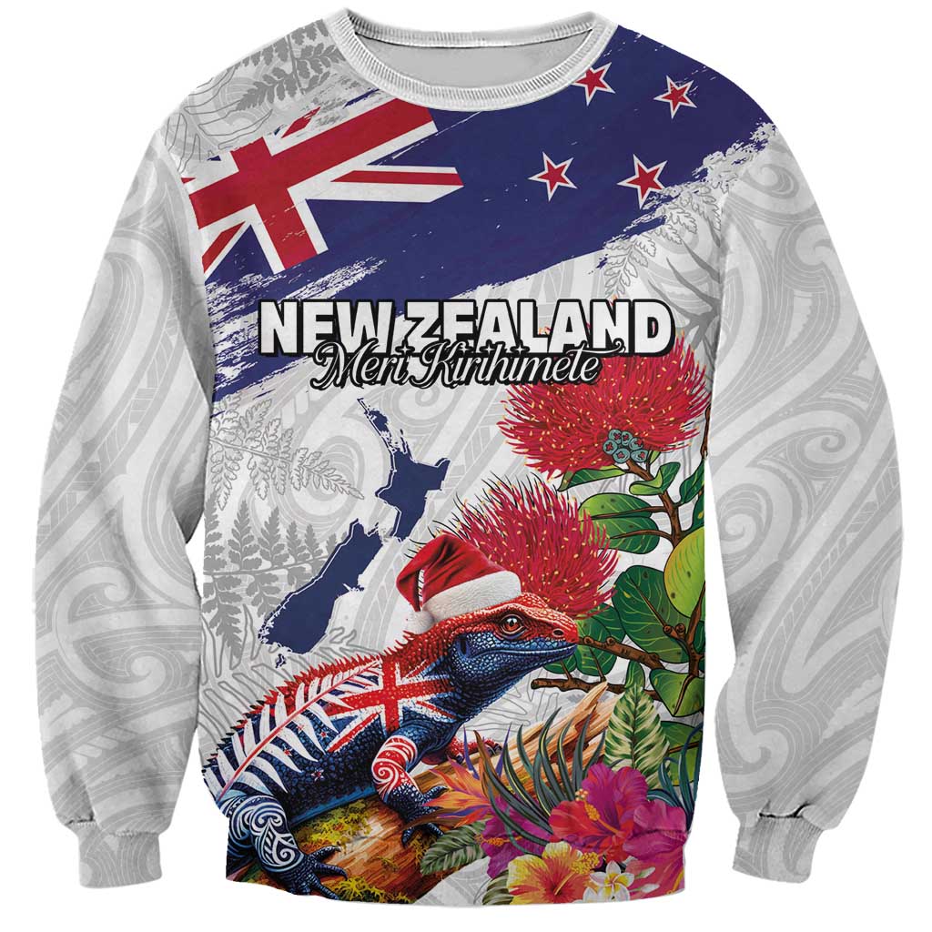New Zealand Christmas Sweatshirt Meri Kirihimete-Tuatara and Pohutukawa White Color