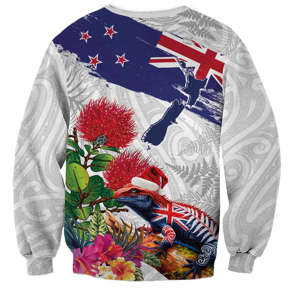 New Zealand Christmas Sweatshirt Meri Kirihimete-Tuatara and Pohutukawa White Color
