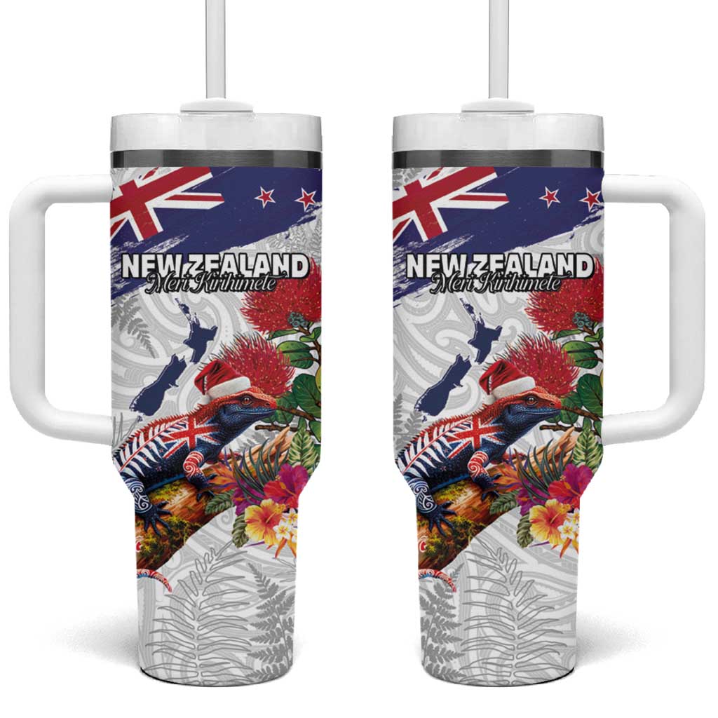 New Zealand Christmas Tumbler With Handle Meri Kirihimete-Tuatara and Pohutukawa White Color