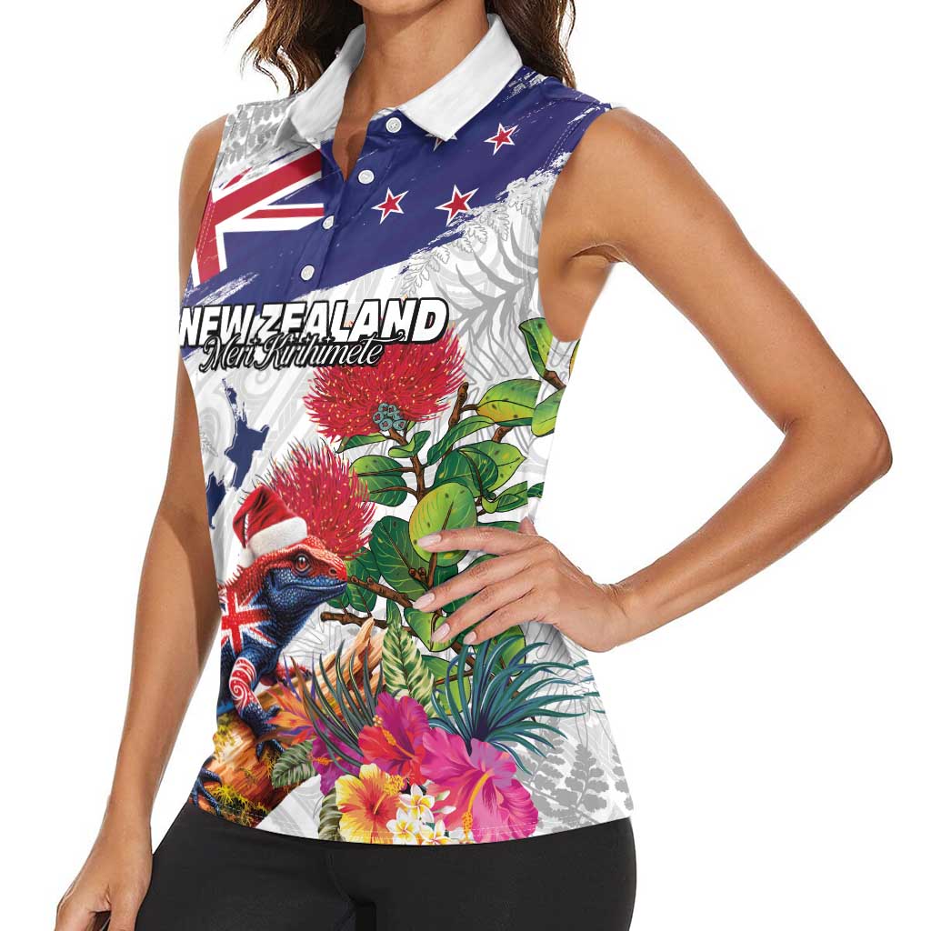 New Zealand Christmas Women Sleeveless Polo Shirt Meri Kirihimete-Tuatara and Pohutukawa White Color