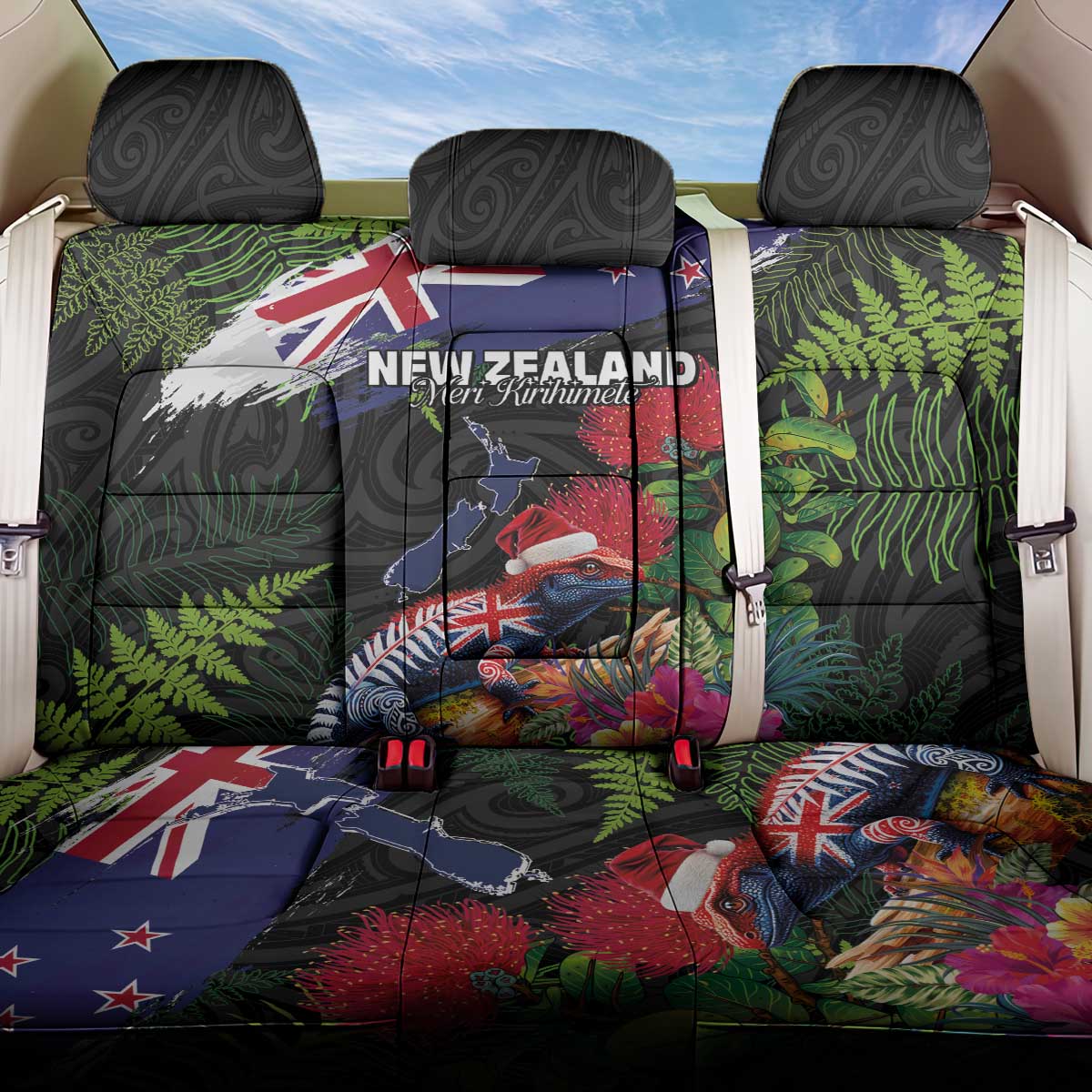 New Zealand Christmas Back Car Seat Cover Meri Kirihimete-Tuatara and Pohutukawa Black Color